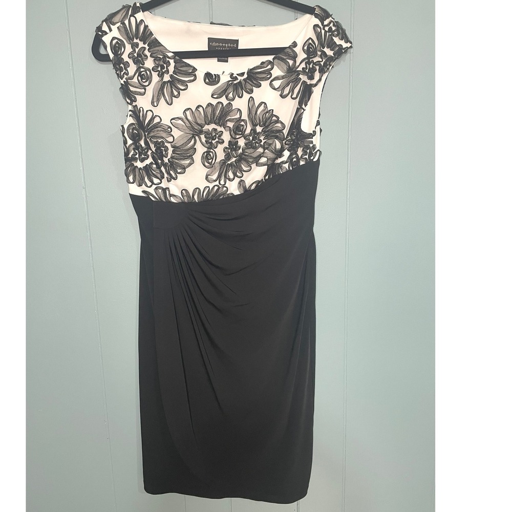 Connected‎ Apparel Black White Floral Cap Sleeve Sheath Dress Size 6